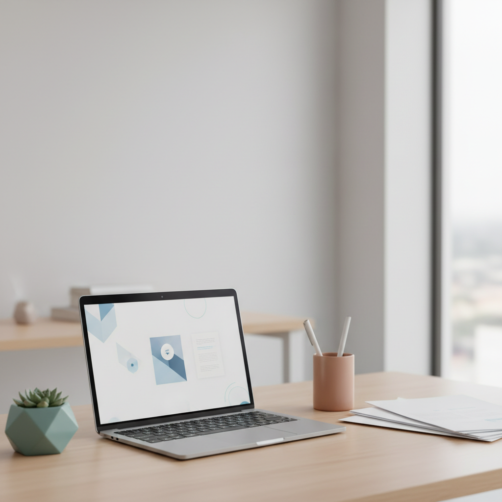 Free PDF compressor shrinking a large stack of documents next to a laptop
